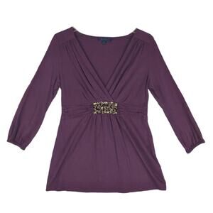 BODEN Women's 12 Embellished Rhinestone Jewels V-Neck Purple 3/4 Sleeve Top